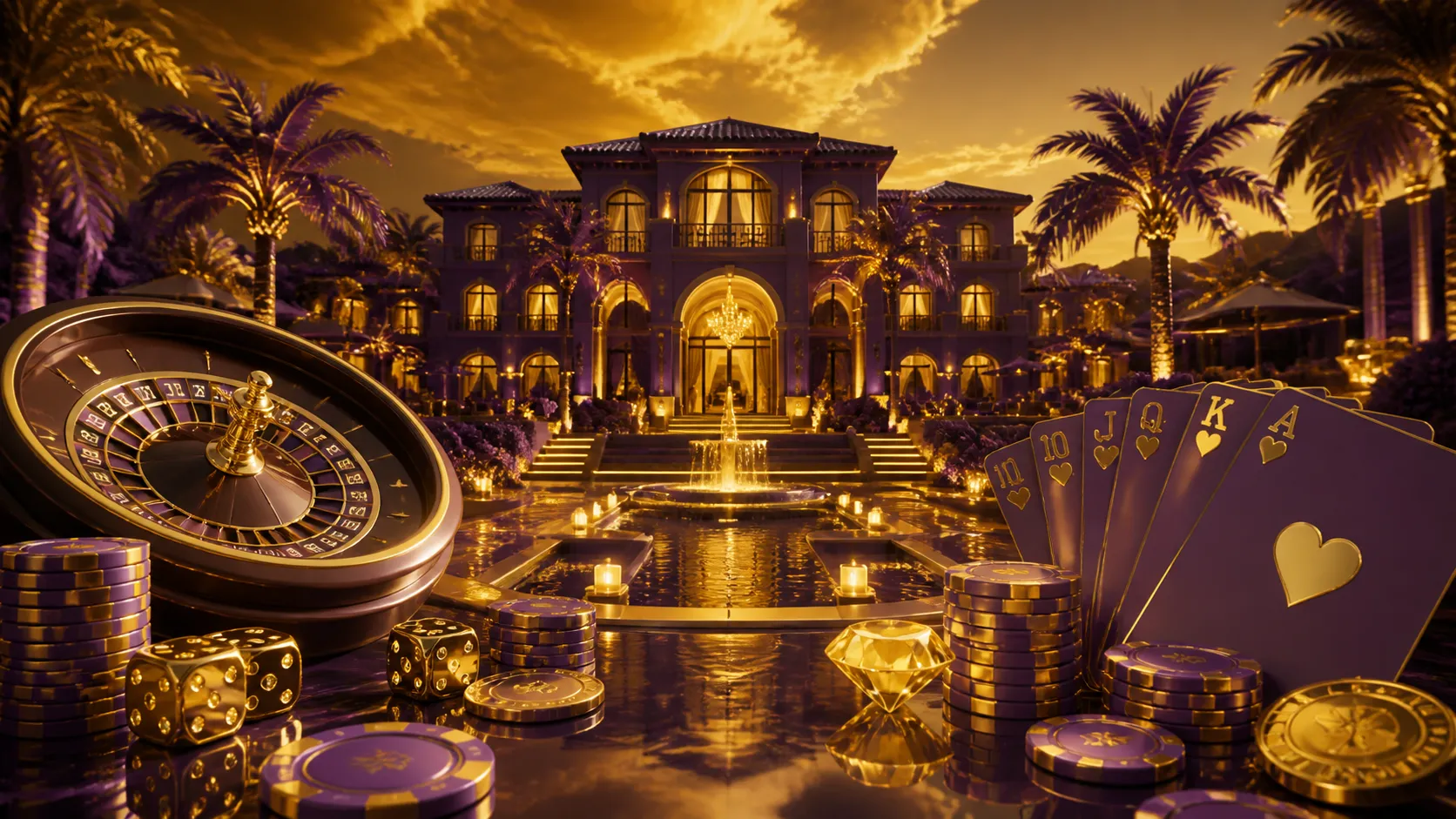 Luxurious casino-themed banner with glowing neon roulette wheel, floating poker chips, and styled flames in premium colors.
