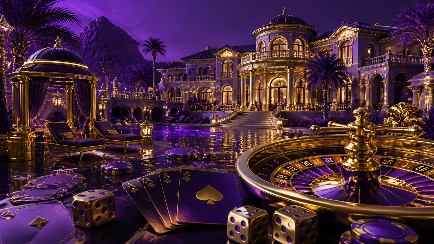Cinematic casino banner with poker chips and roulette wheel, gold and black theme